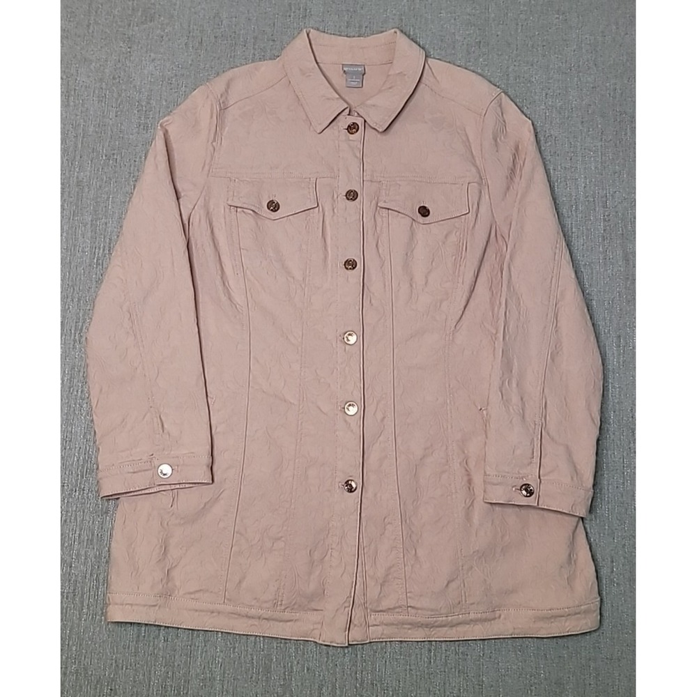 Chico's Elongated Jacquard Paris Pink Button Down Jacket 3 16/18 Cotton/Spandex‎ - Picture 2 of 14